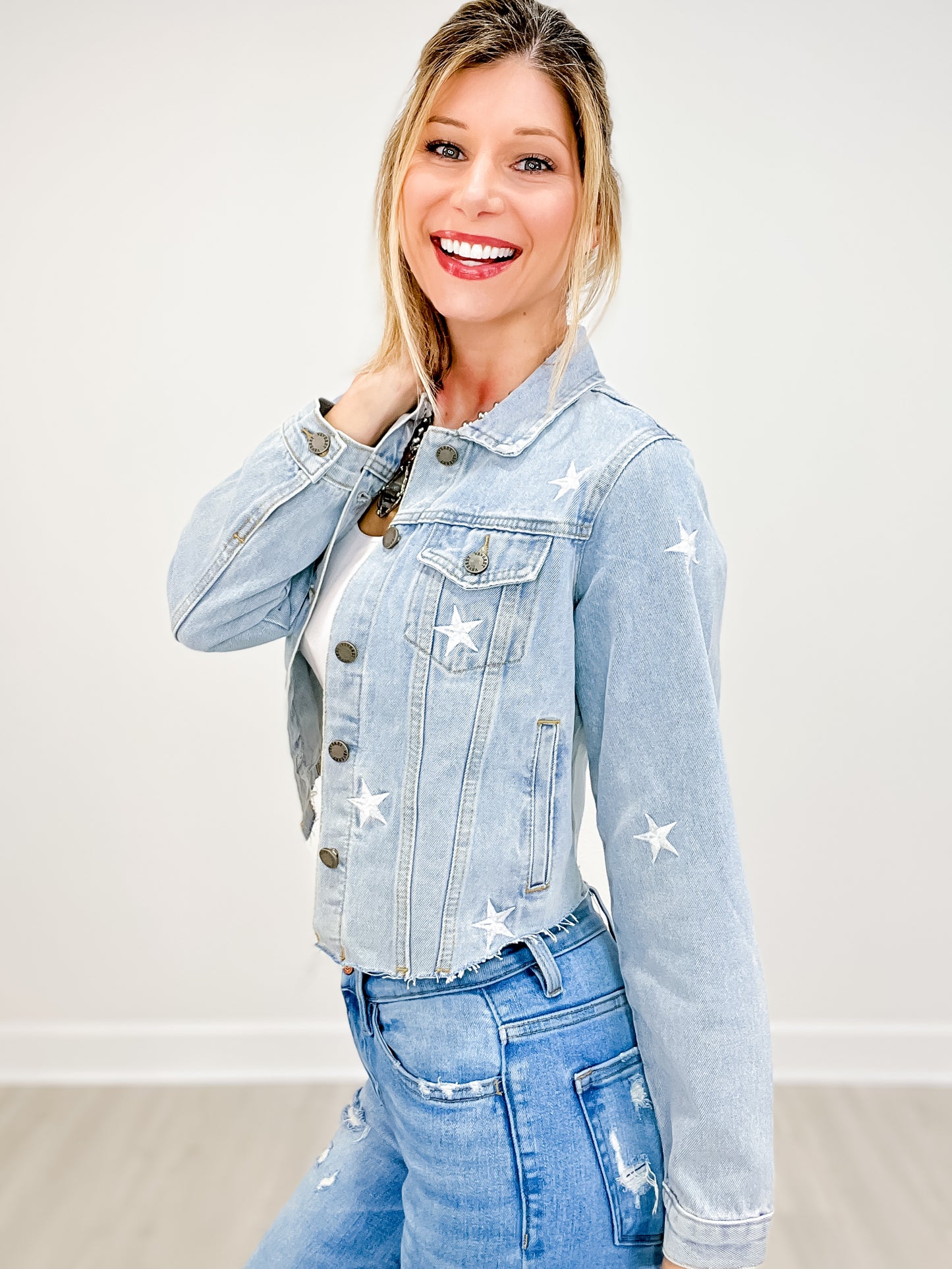 Denim Embroidery Cropped Star Detail Jacket