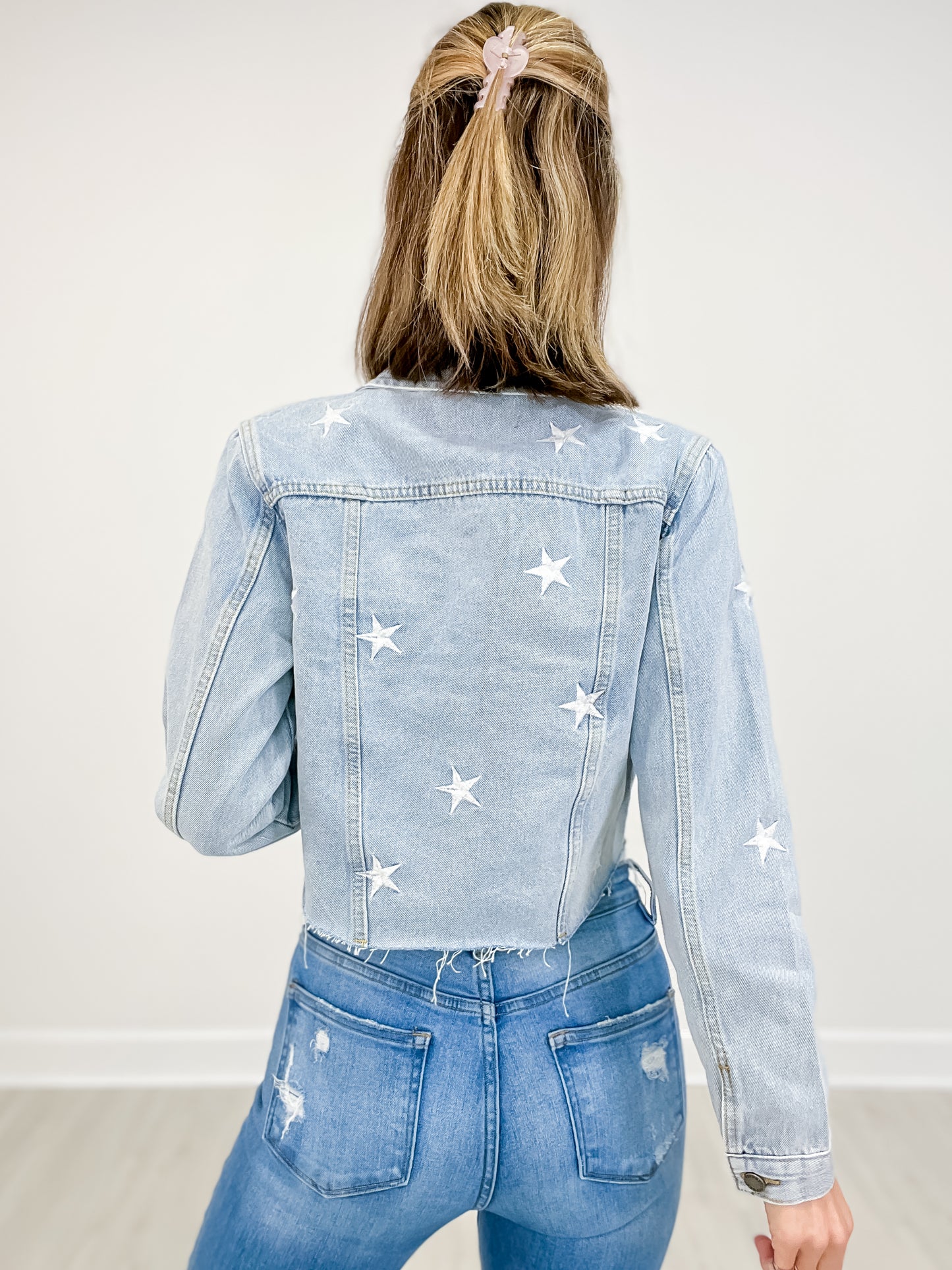 Denim Embroidery Cropped Star Detail Jacket