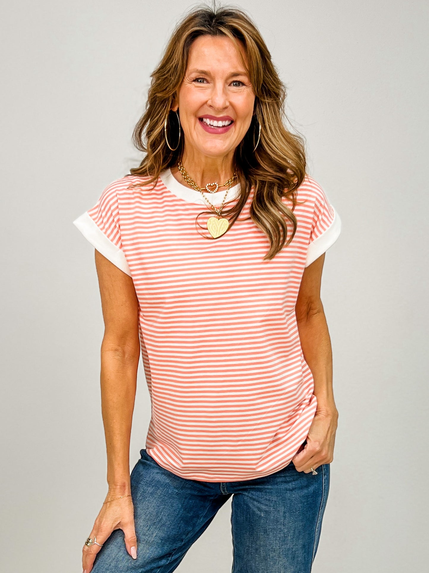 Stripe Contrast Trim Top with Round Neckline GRP A