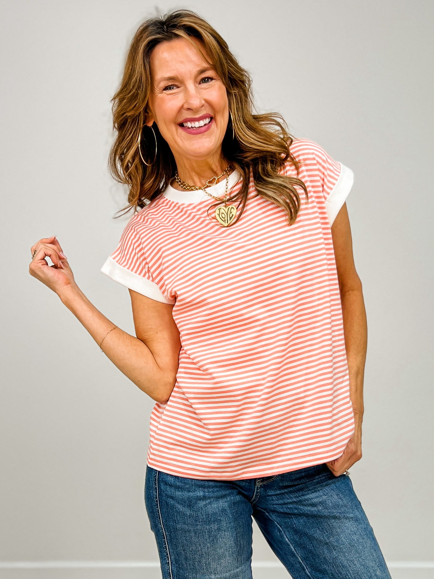 Stripe Contrast Trim Top with Round Neckline GRP A