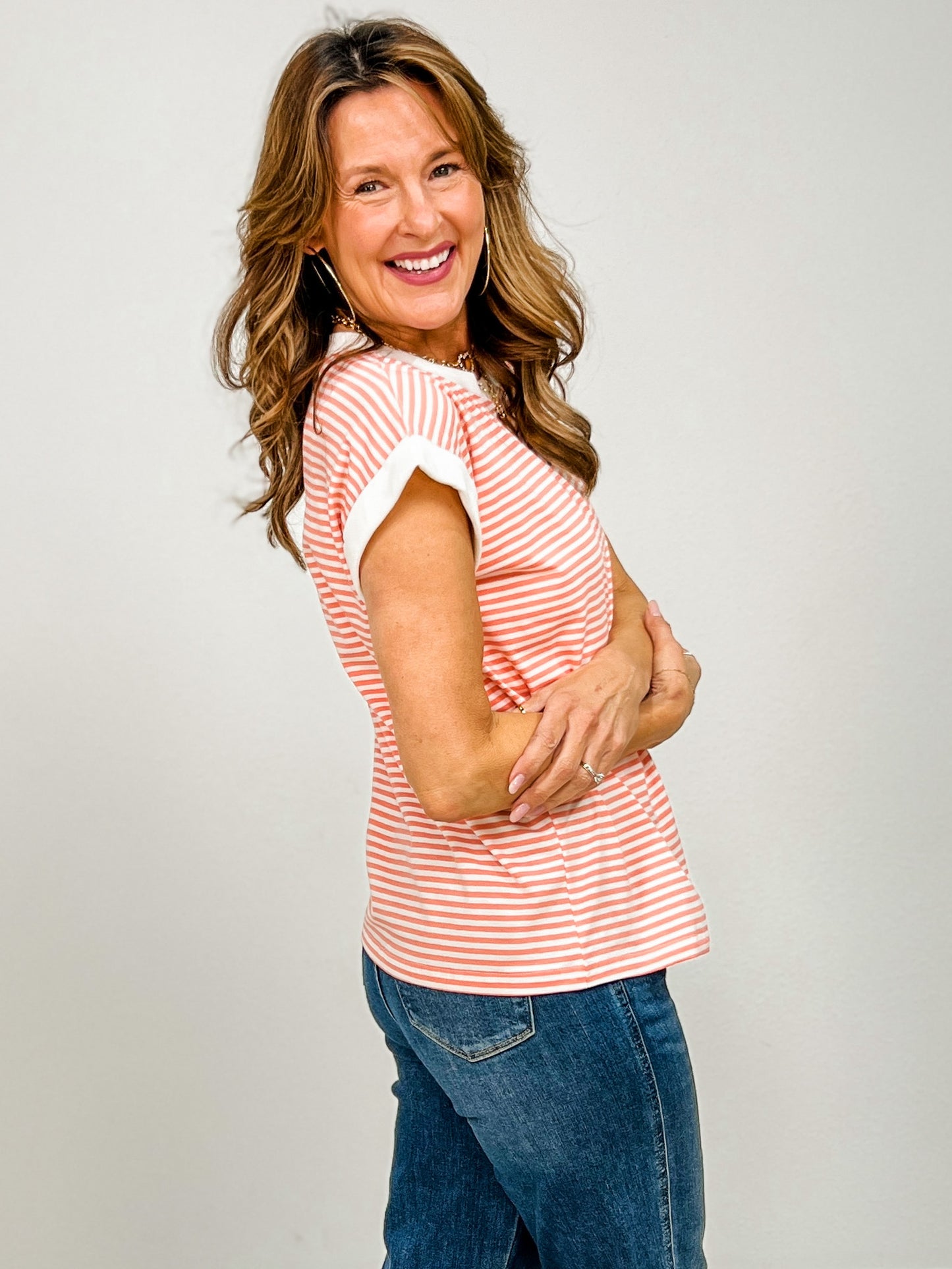 Stripe Contrast Trim Top with Round Neckline GRP A