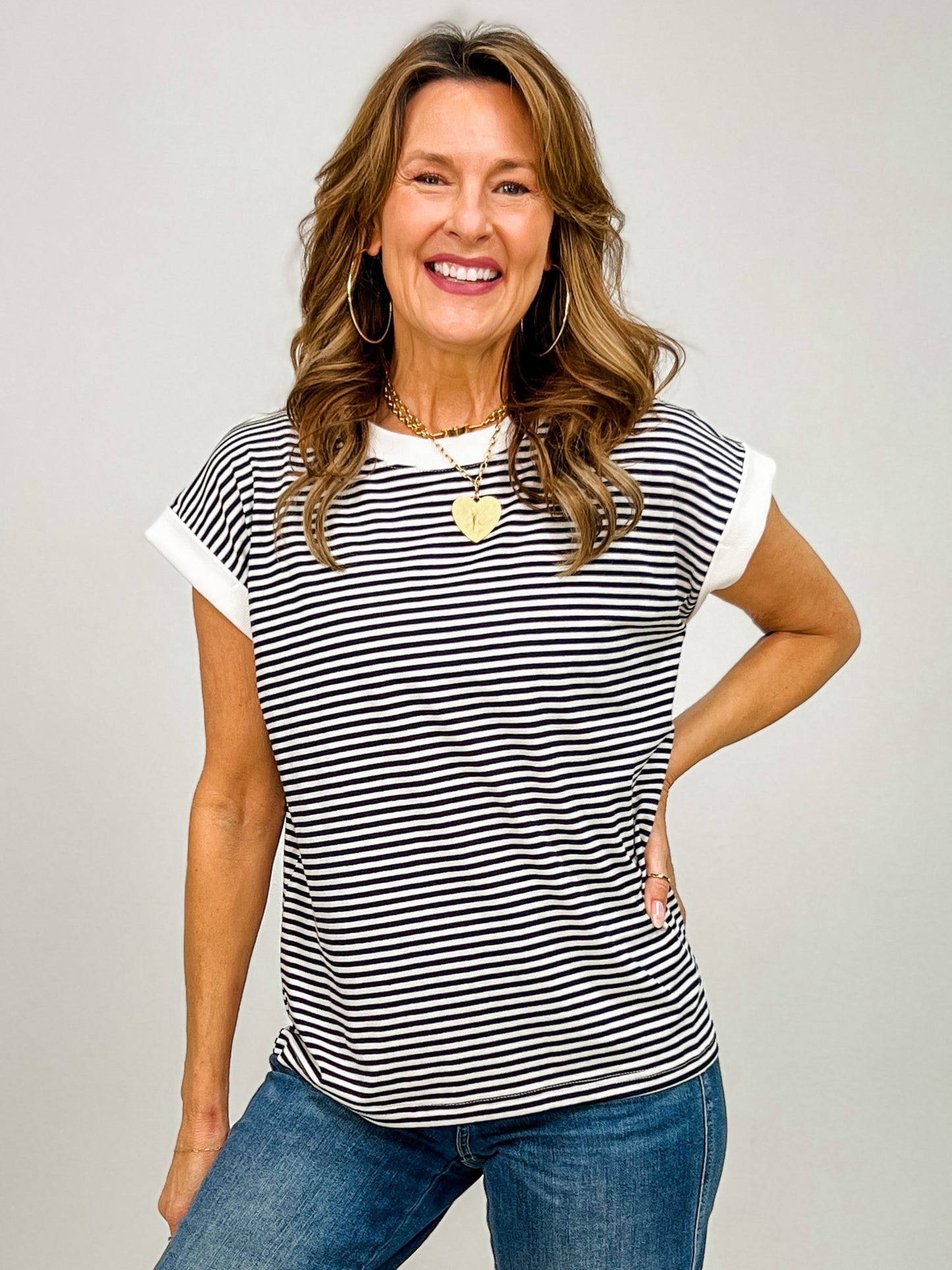 Stripe Contrast Trim Top with Round Neckline GRP A