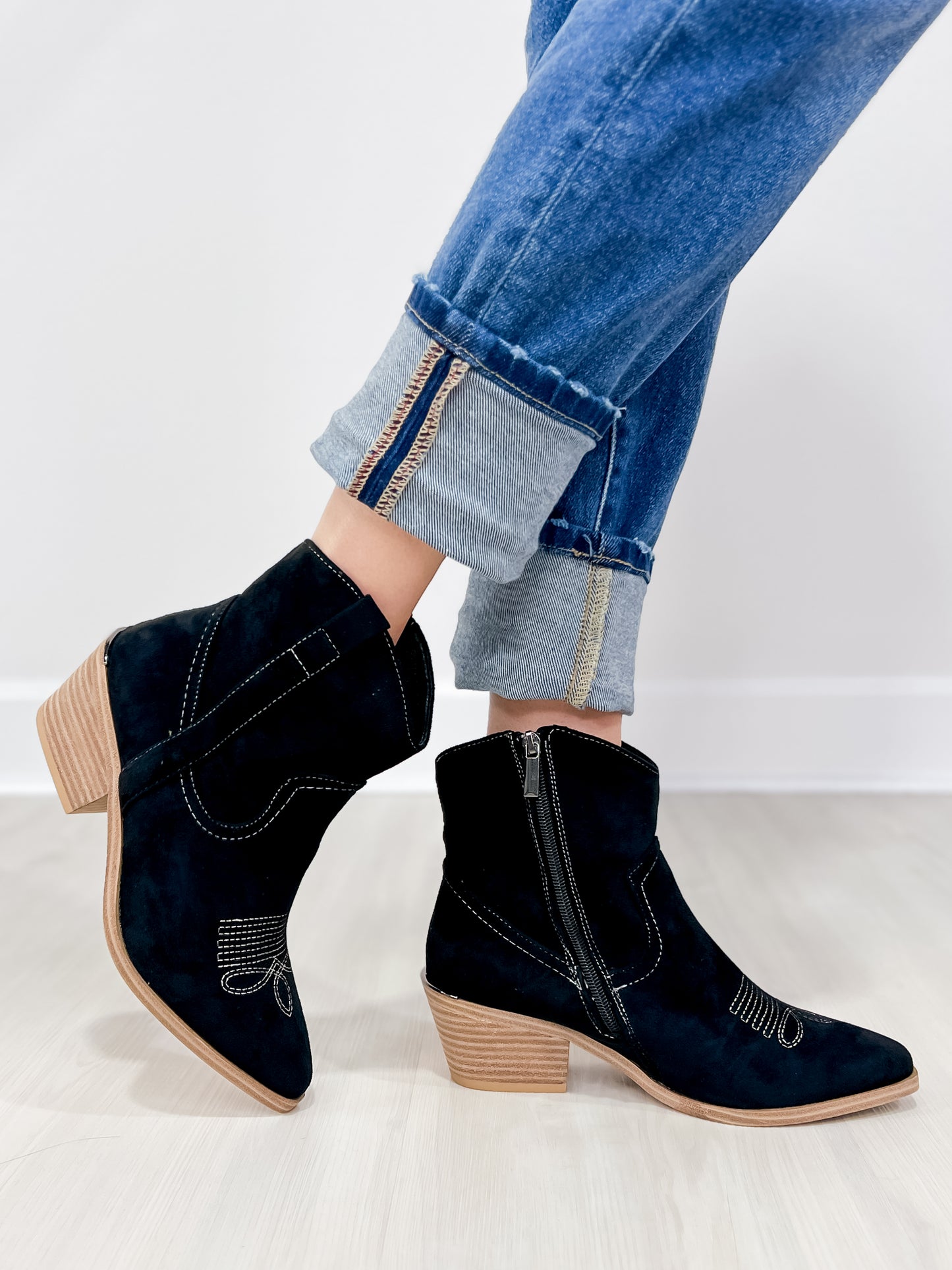 Corkys Quittin Time Western Booties in Black Faux Suede