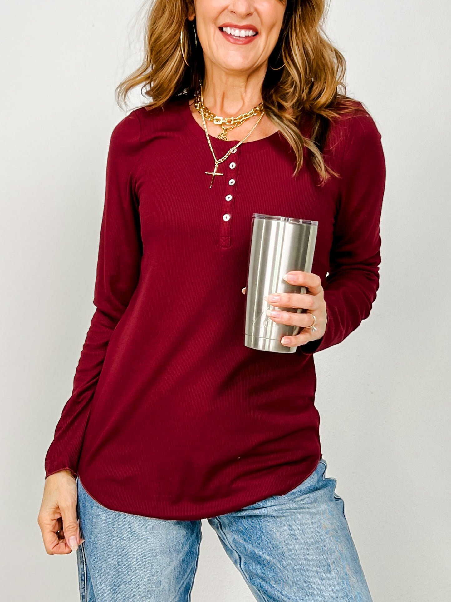 Long Sleeve Ribbed Henley Top