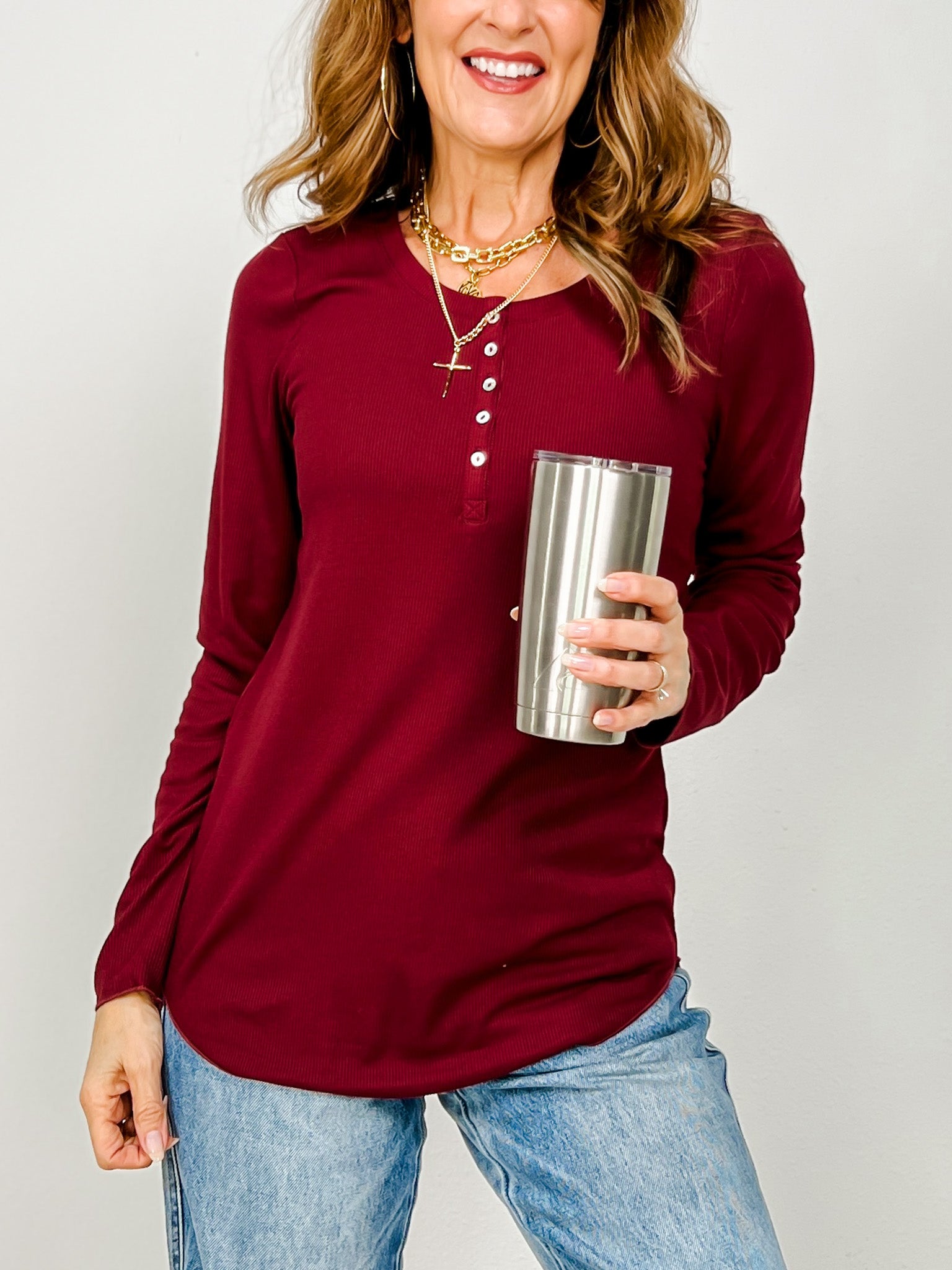 Long Sleeve Ribbed Henley Top