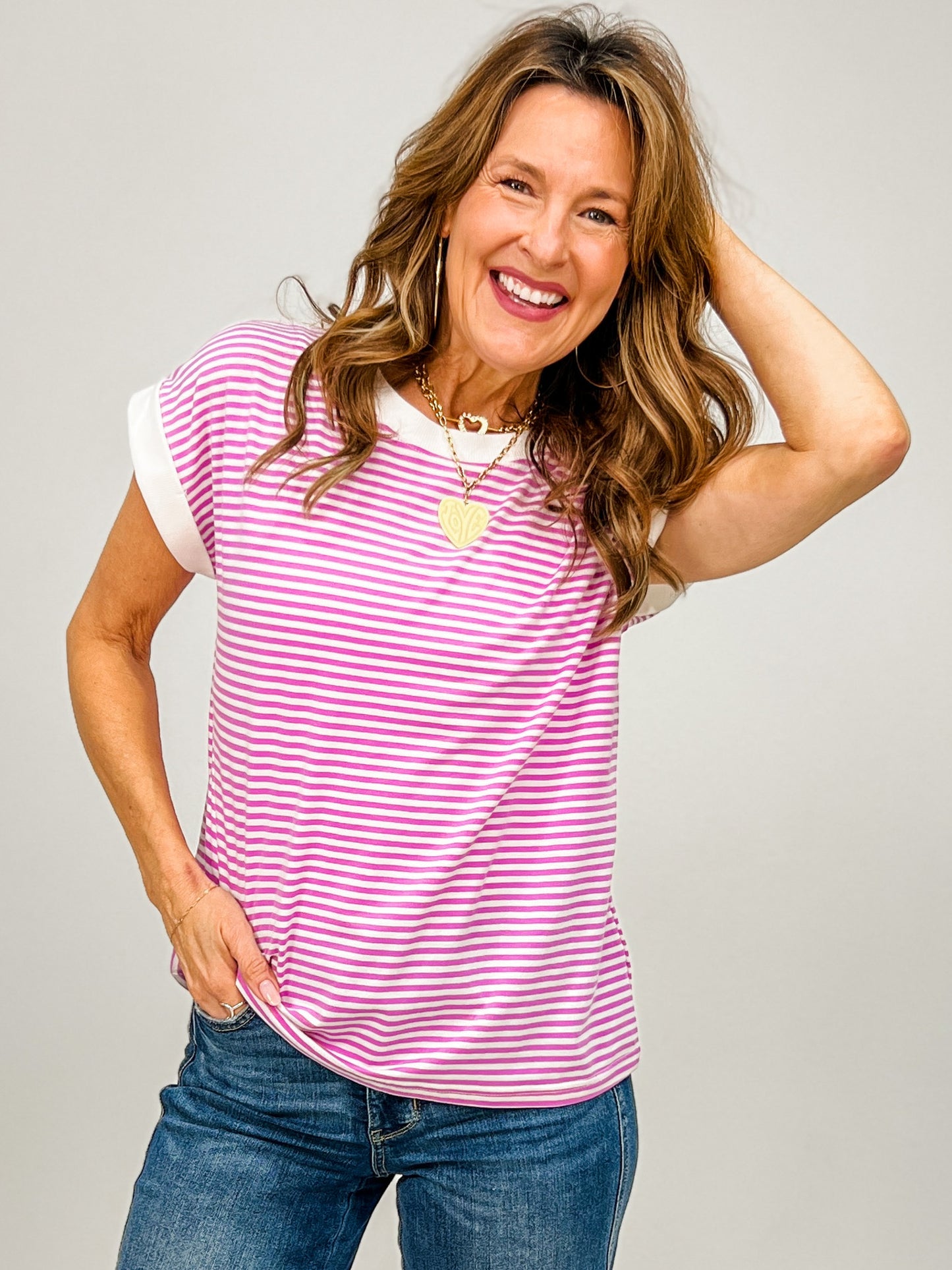 Stripe Contrast Trim Top with Round Neckline GRP A