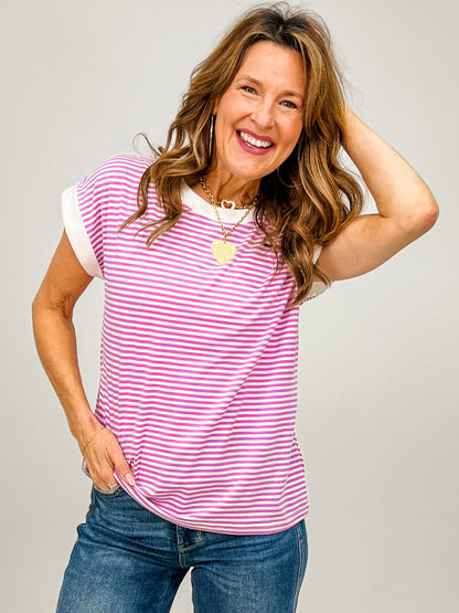 Stripe Contrast Trim Top with Round Neckline GRP A