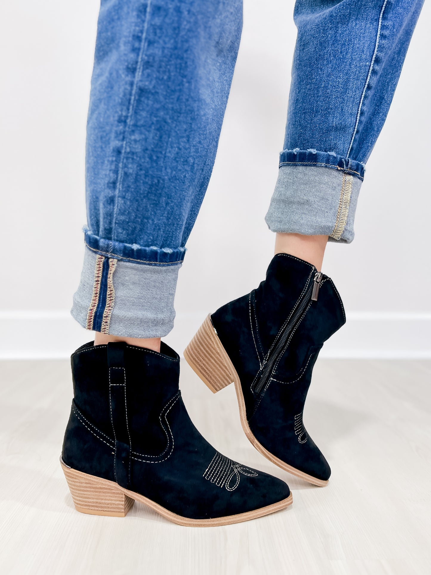 Corkys Quittin Time Western Booties in Black Faux Suede