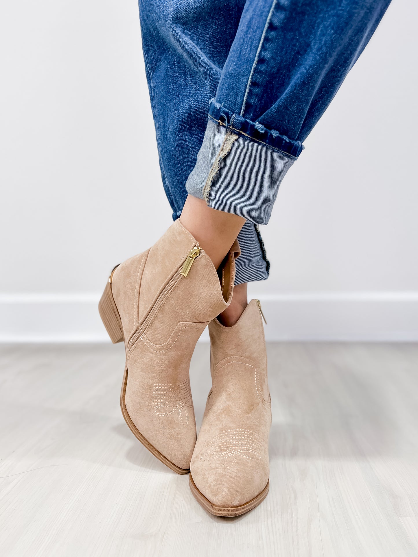 Corkys Quittin Time Western Booties in Sand Faux Suede