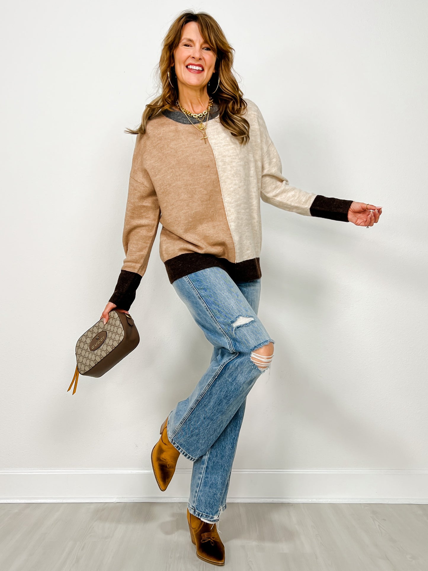 Colorblock Front Seam Long Sleeve Knit Sweater