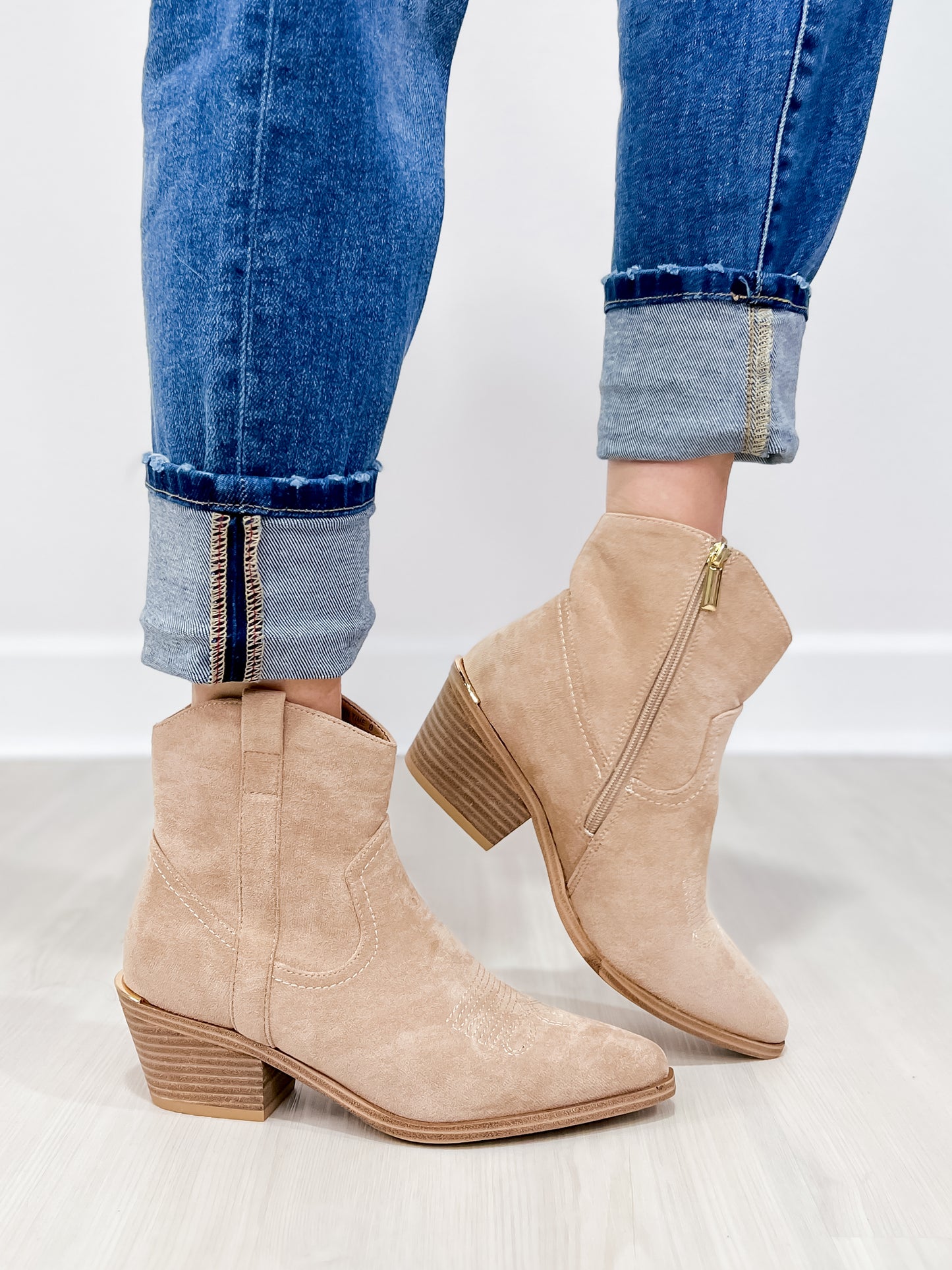 Corkys Quittin Time Western Booties in Sand Faux Suede