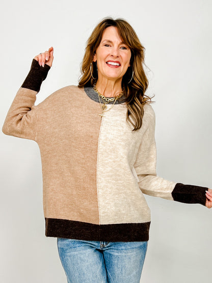 Colorblock Front Seam Long Sleeve Knit Sweater