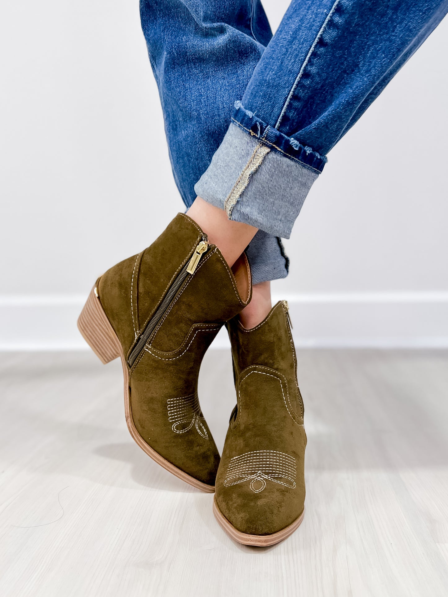 Corkys Quittin Time Western Booties in Dark Green Faux Suede