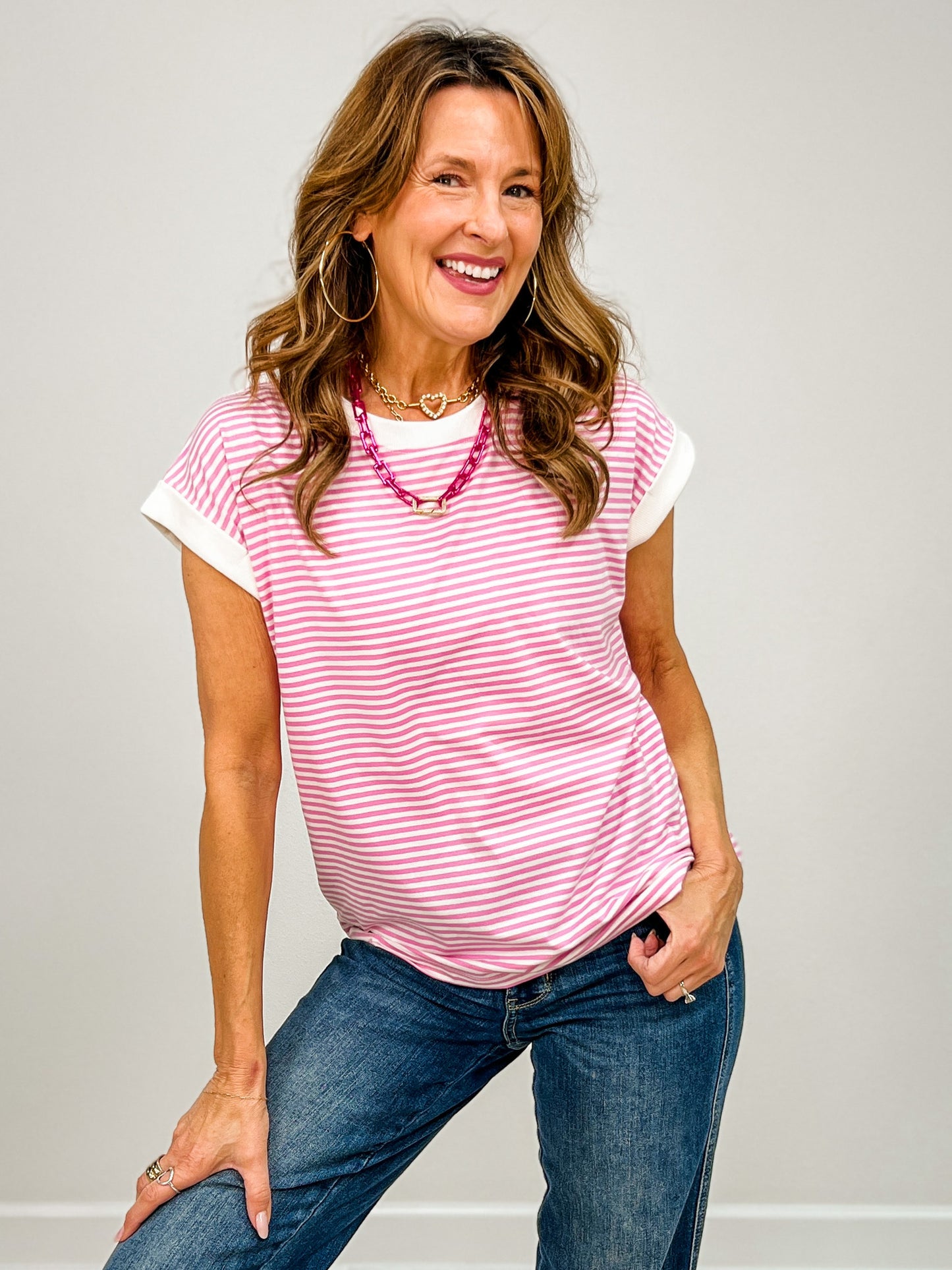 Stripe Contrast Trim Top with Round Neckline GRP B