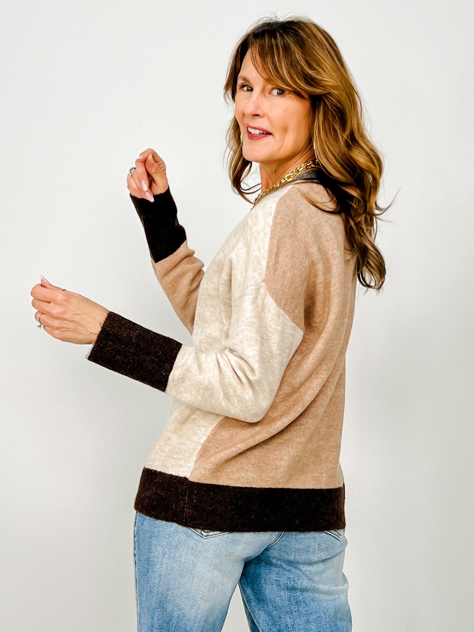 Colorblock Front Seam Long Sleeve Knit Sweater