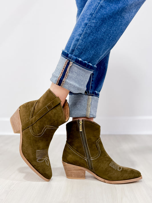 Corkys Quittin Time Western Booties in Dark Green Faux Suede