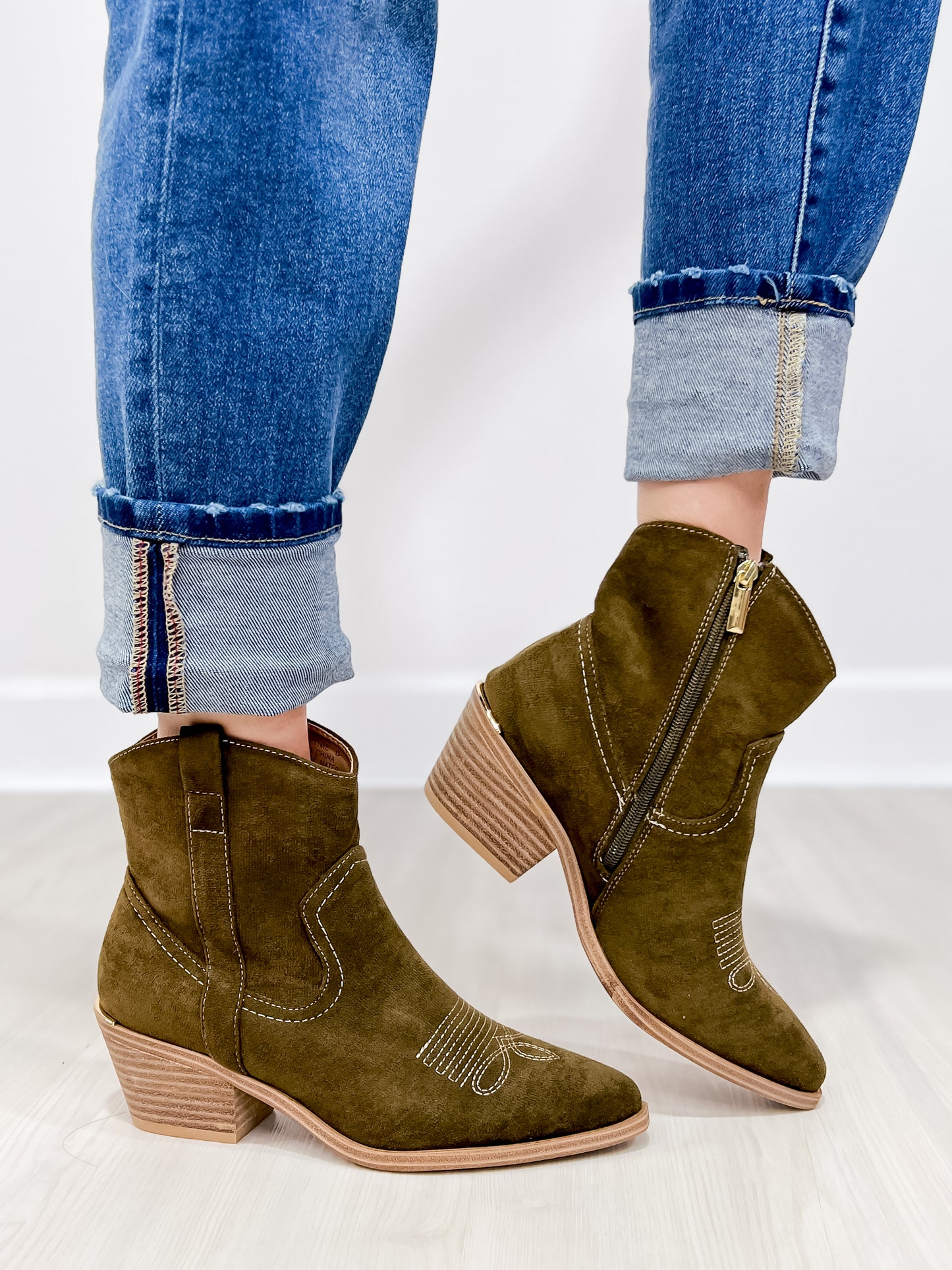 Corkys Quittin Time Western Booties in Dark Green Faux Suede