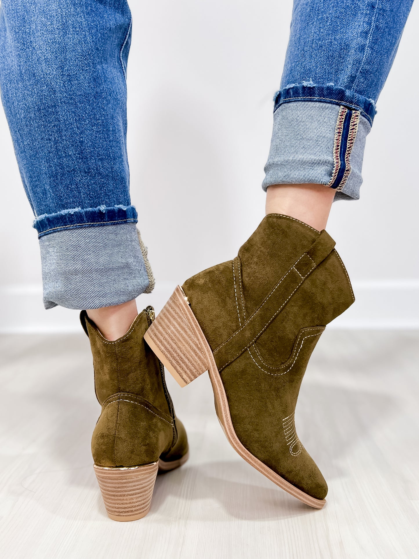 Corkys Quittin Time Western Booties in Dark Green Faux Suede