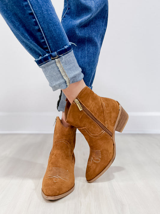 Corkys Quittin Time Western Booties in Tobacco Faux Suede