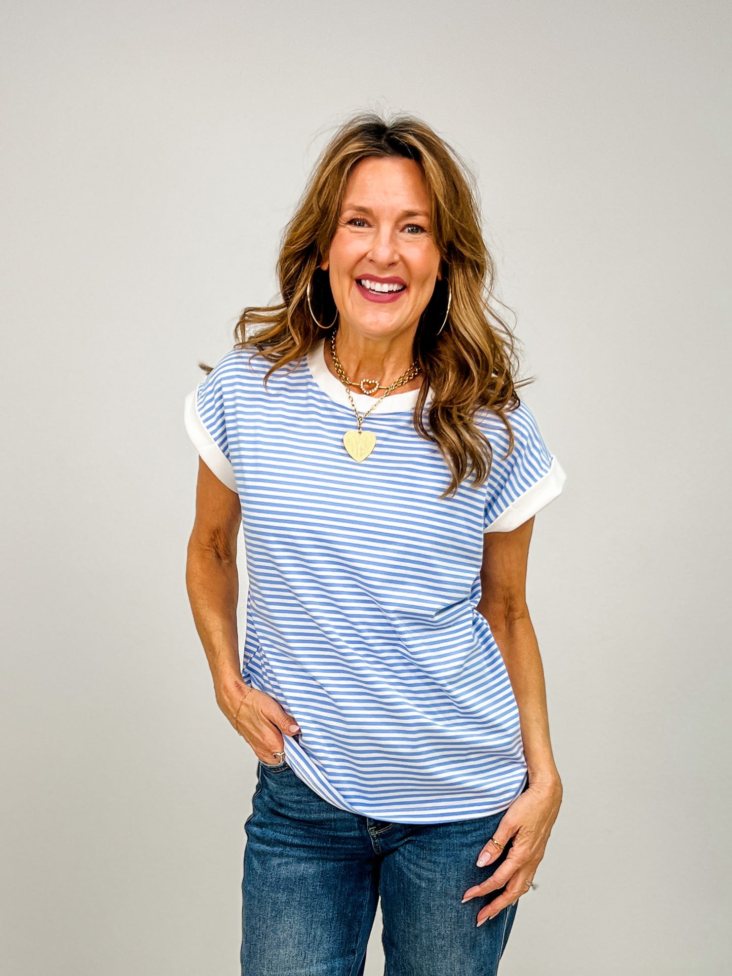 Stripe Contrast Trim Top with Round Neckline GRP B