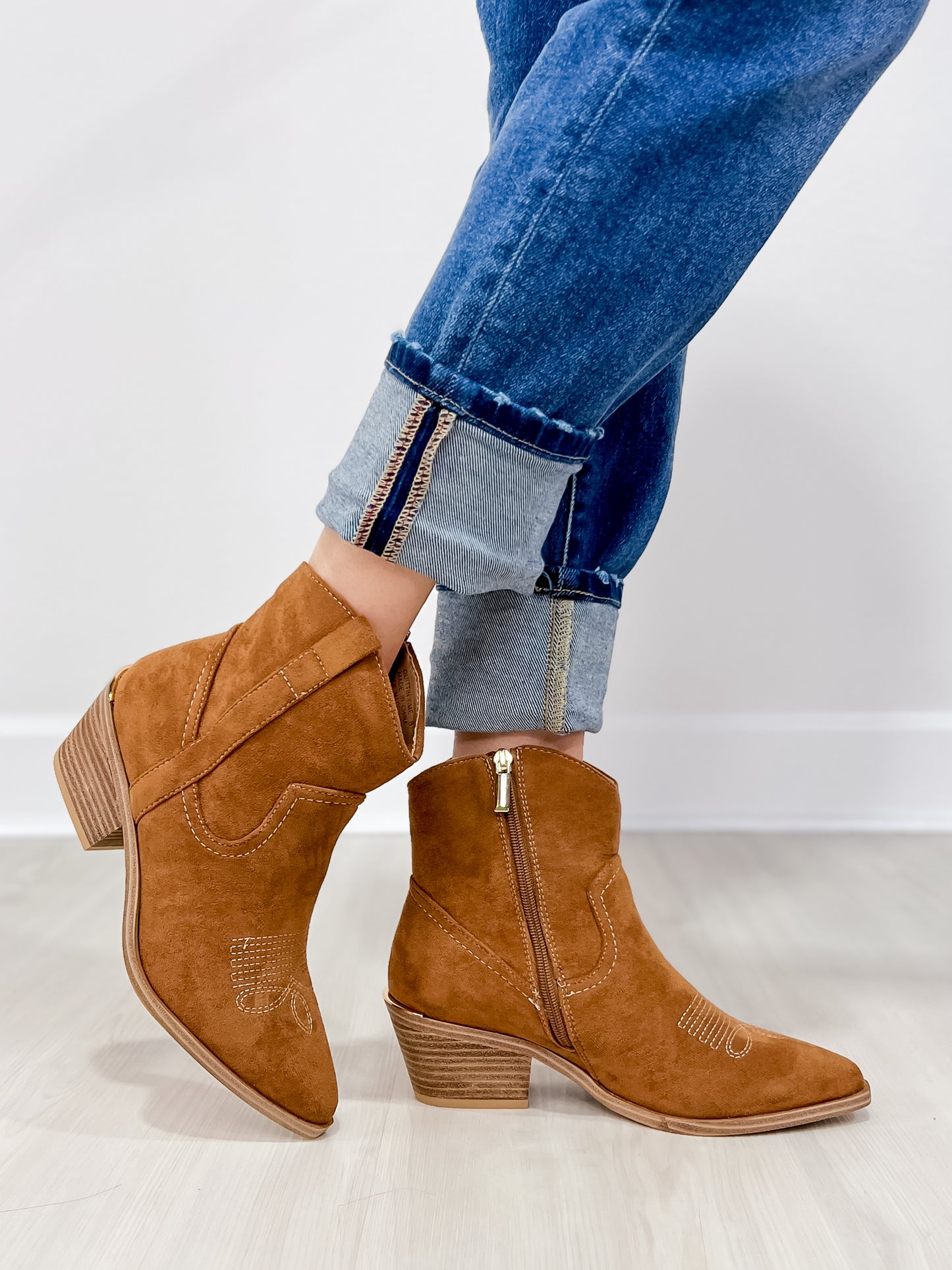 Corkys Quittin Time Western Booties in Tobacco Faux Suede