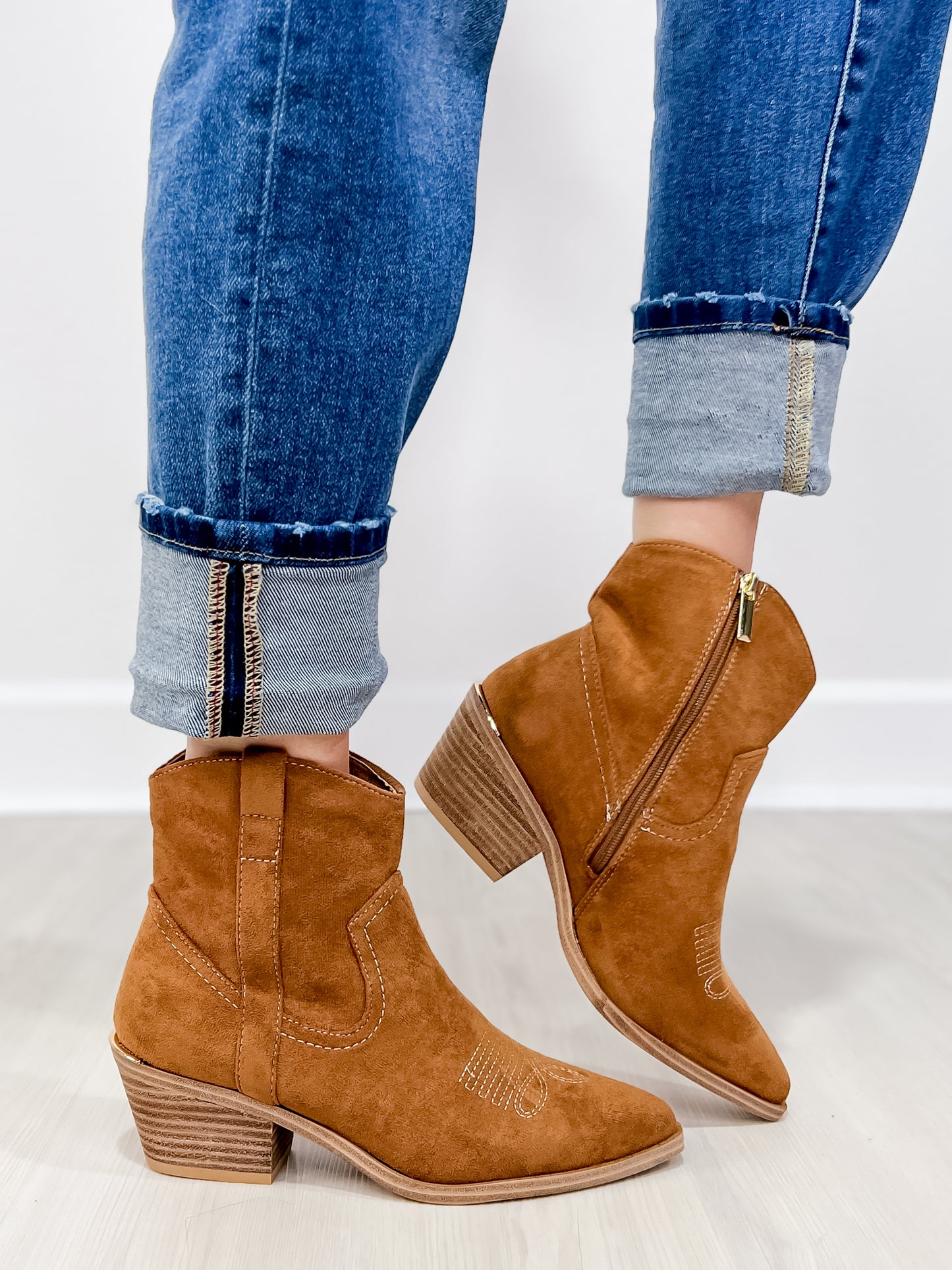 Corkys Quittin Time Western Booties in Tobacco Faux Suede