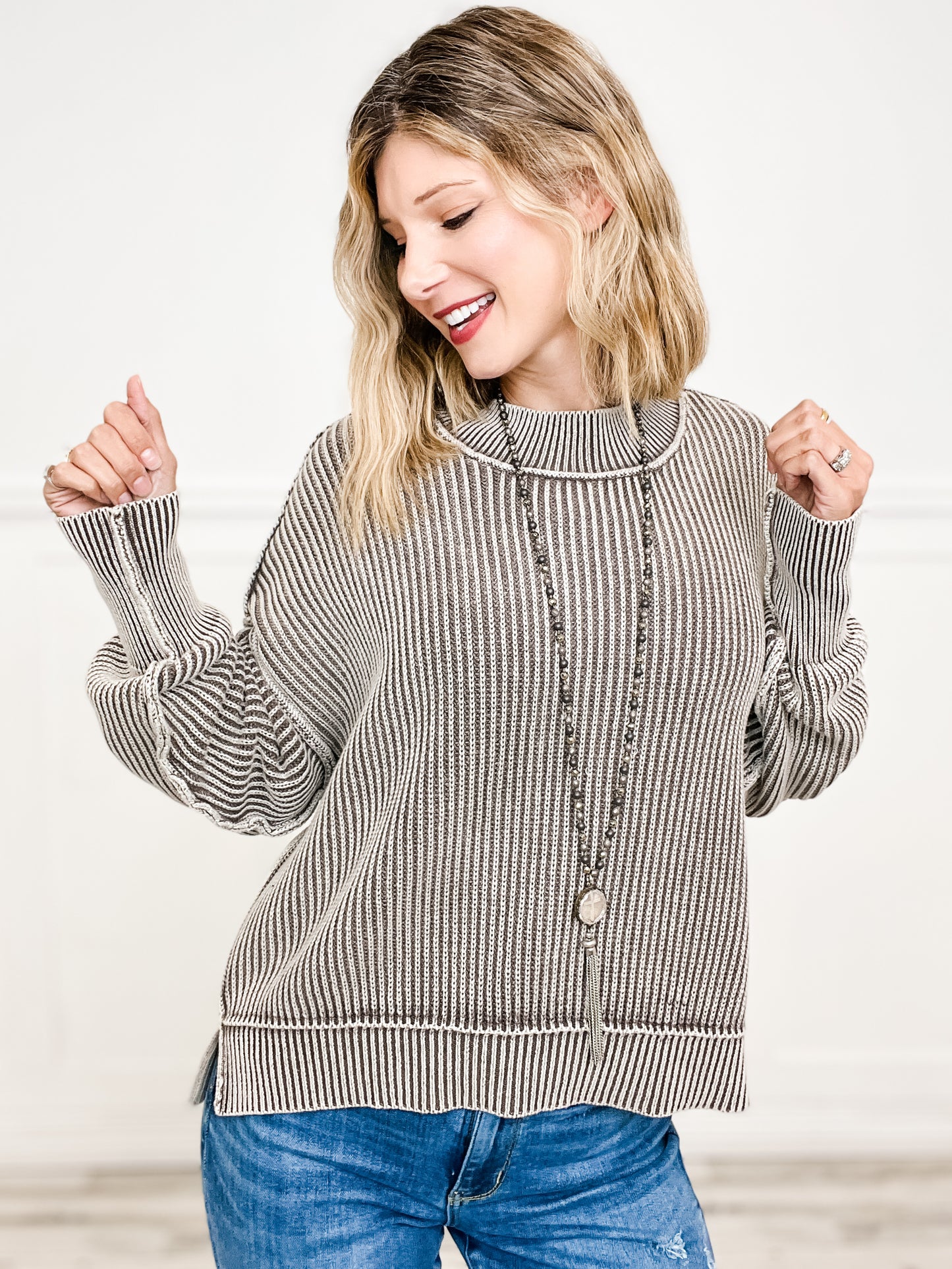 Vintage Washed Side Slit Oversized Cropped Sweater