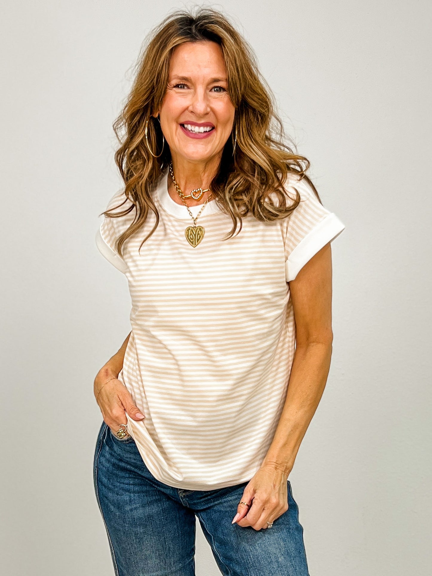 Stripe Contrast Trim Top with Round Neckline GRP C