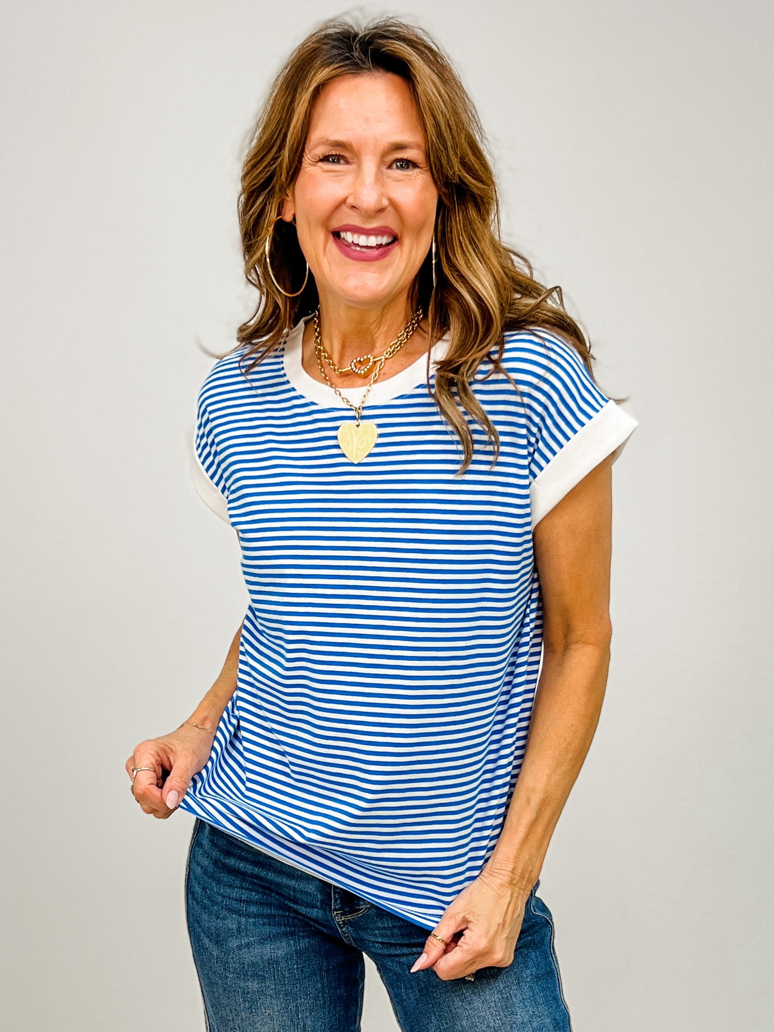 Stripe Contrast Trim Top with Round Neckline GRP C