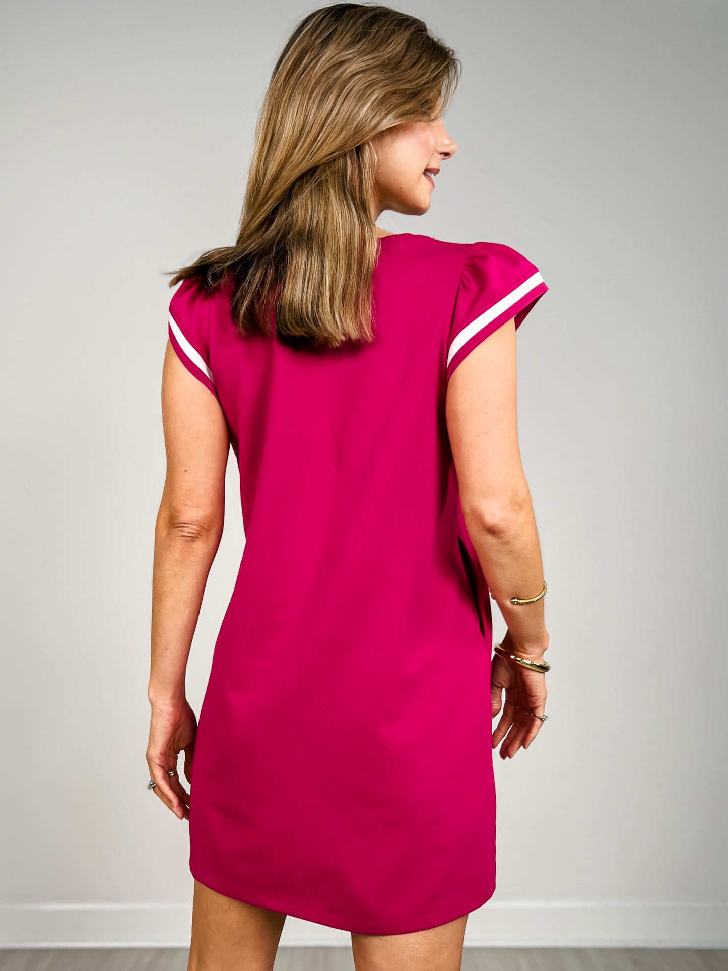 Knit Band Detail Cap Sleeve Solid Dress