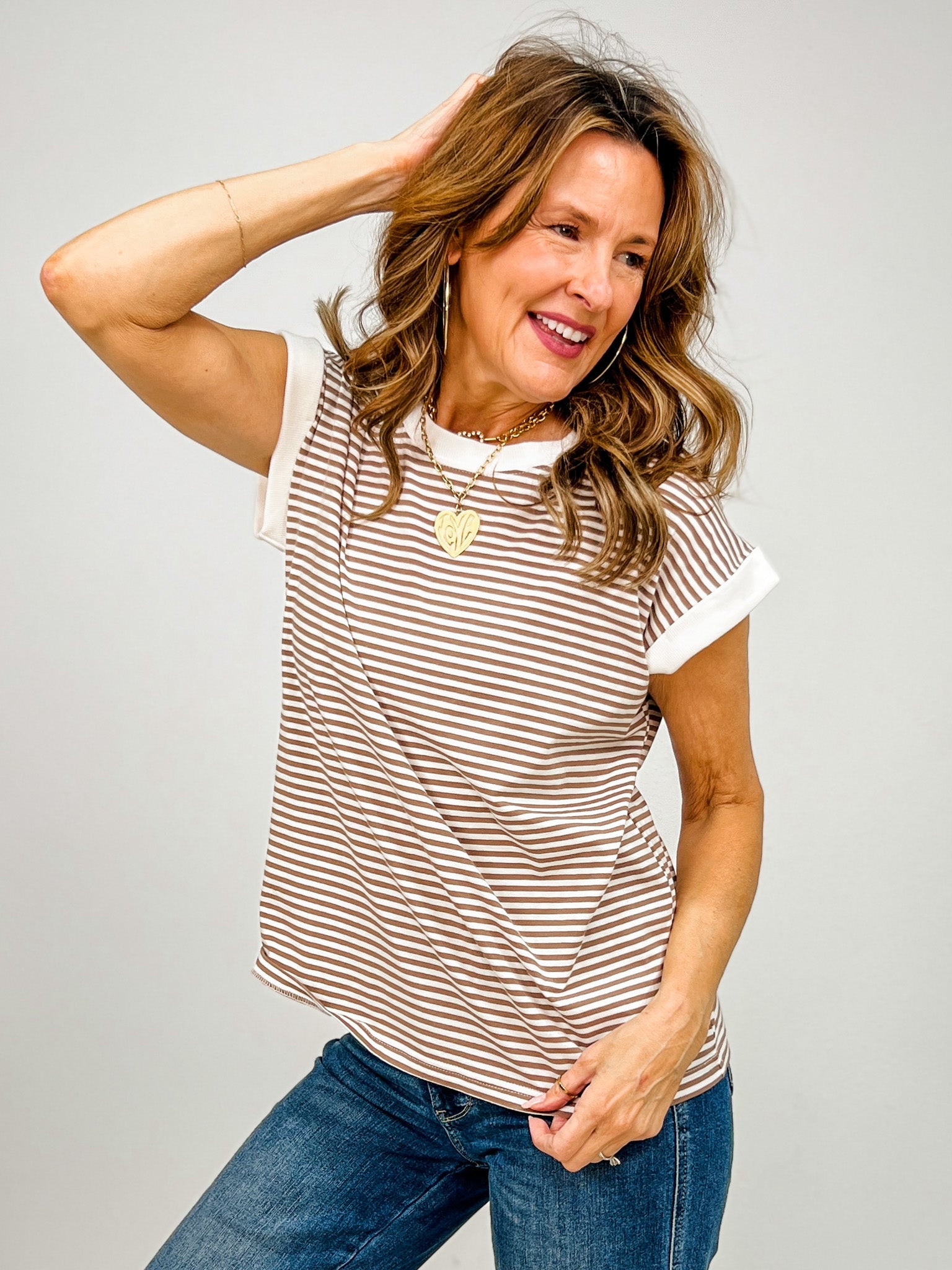 Stripe Contrast Trim Top with Round Neckline GRP C