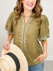 Solid Embroidered Short Bubble Sleeve Top
