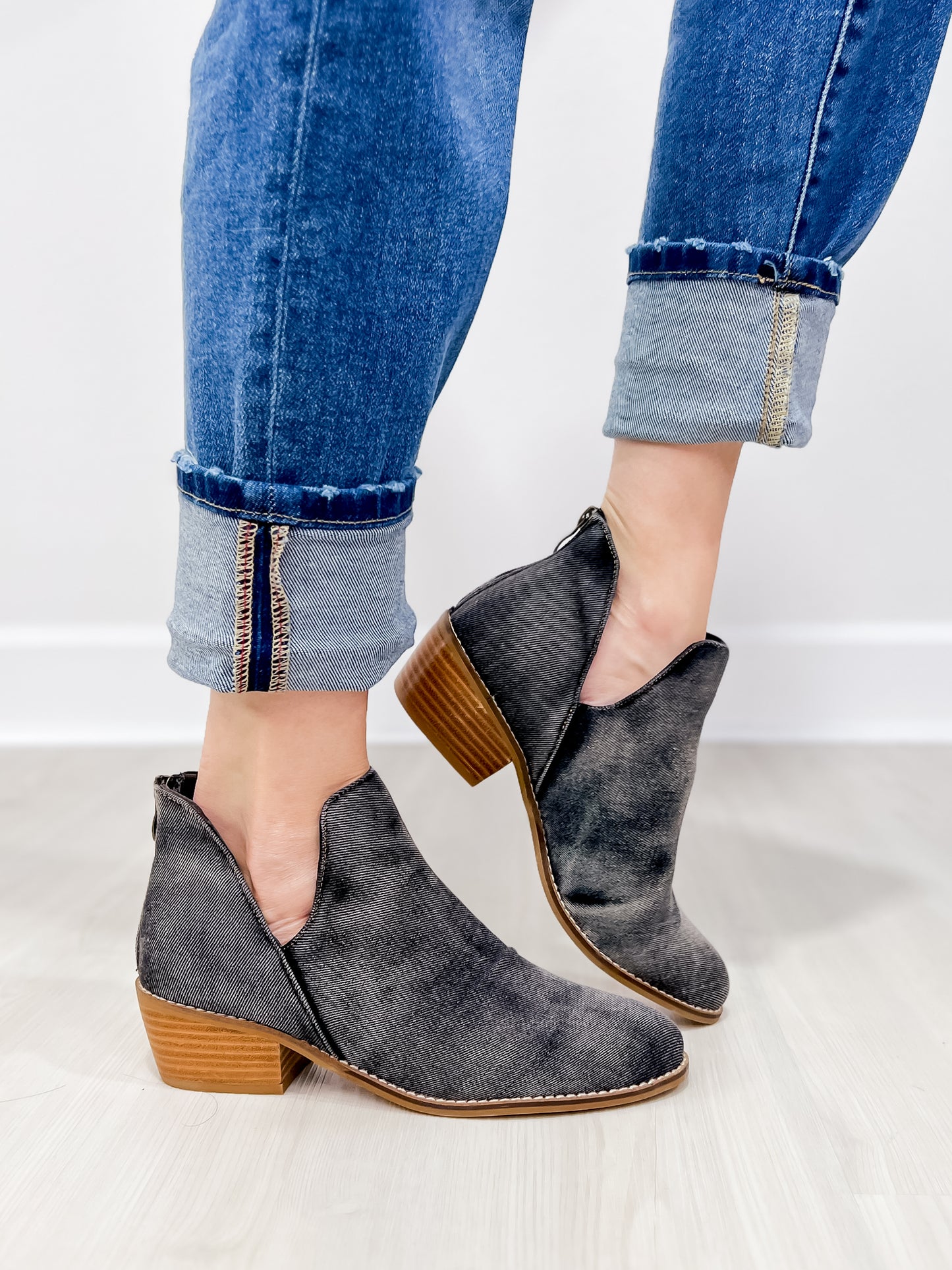 Corkys Vanish Booties in Washed Dark Blue Denim