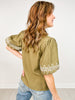 Solid Embroidered Short Bubble Sleeve Top