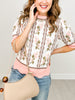 Short Puff Sleeve Floral Sweater with Scalloped Rib Band