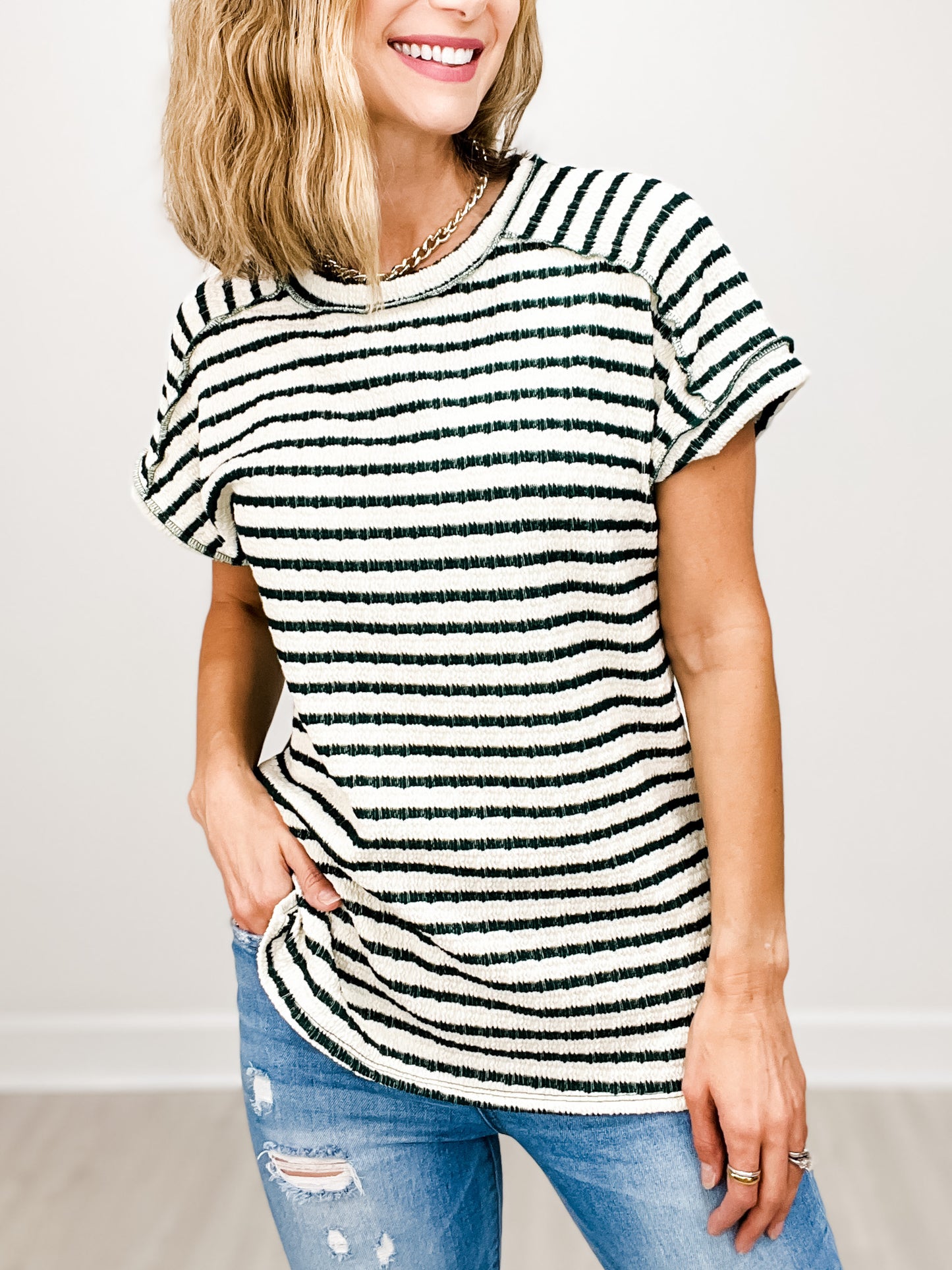 Round Neckline Drop Shoulder Short Sleeve Top