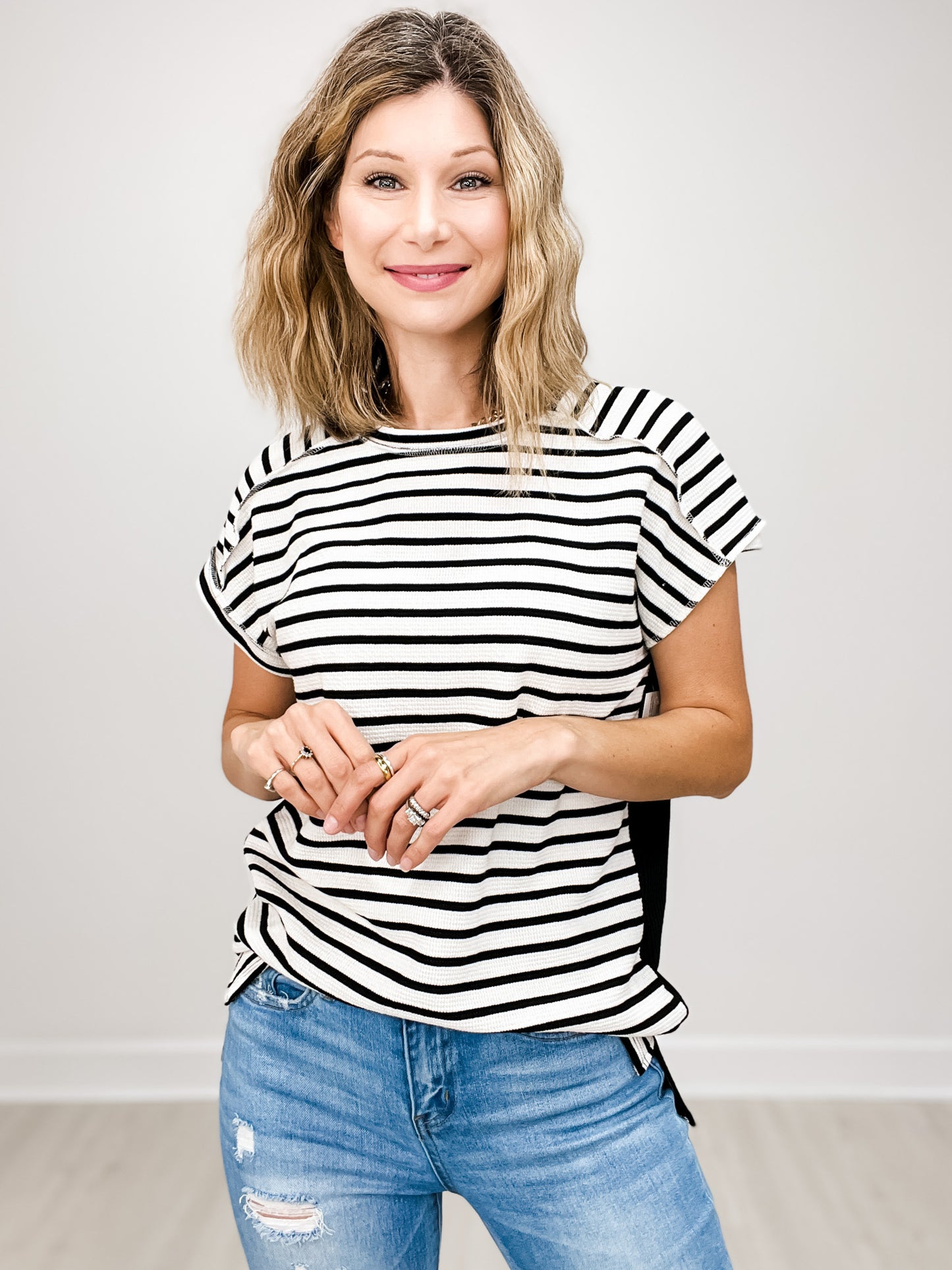 Round Neckline Drop Shoulder Short Sleeve Top