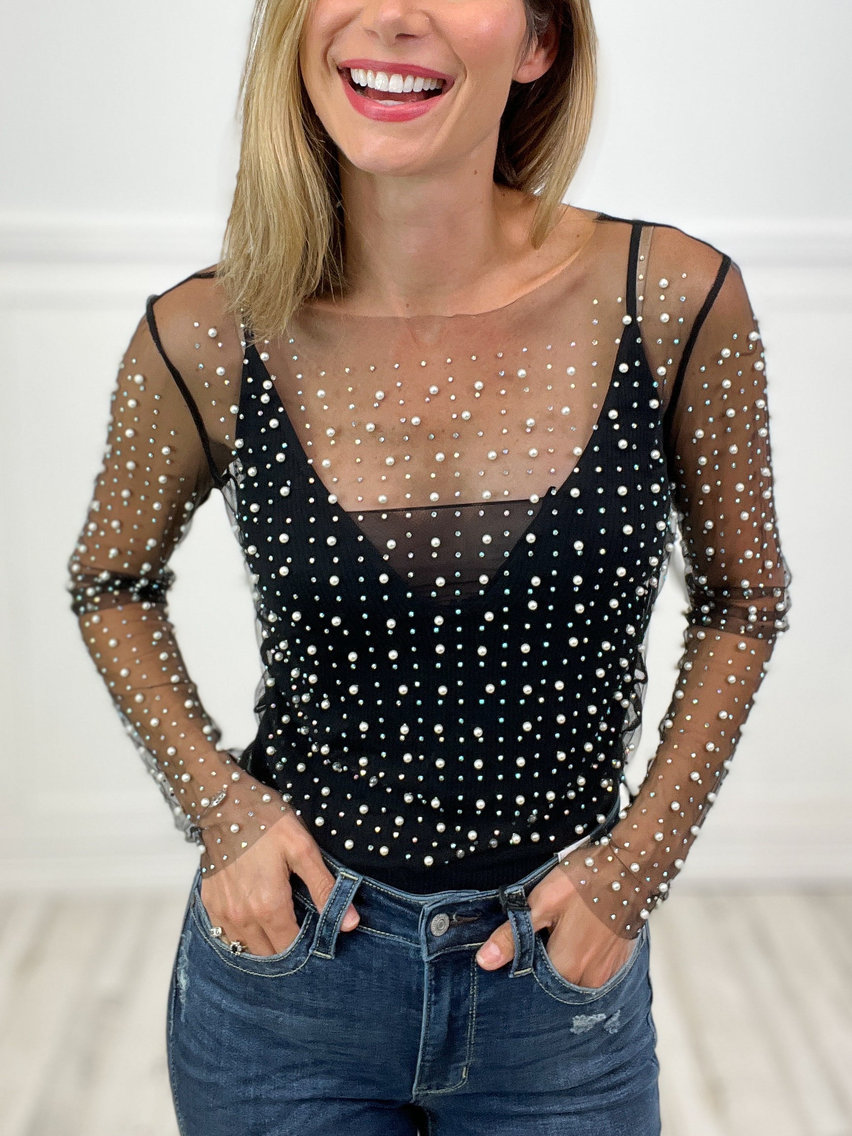 Hello It's Me Pearl Beaded Mesh Top