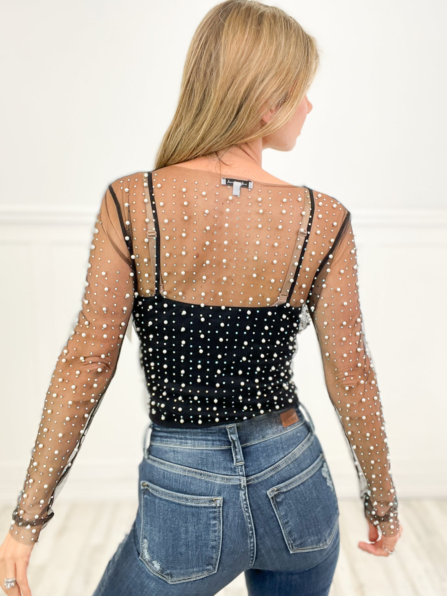 Hello It's Me Pearl Beaded Mesh Top