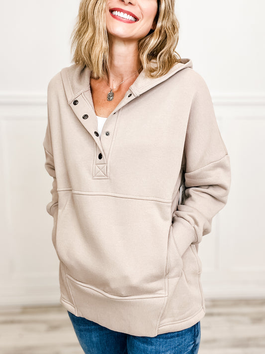 HALF BUTTON FLEECE HOODED PULLOVER WITH KANGAROO POCKET