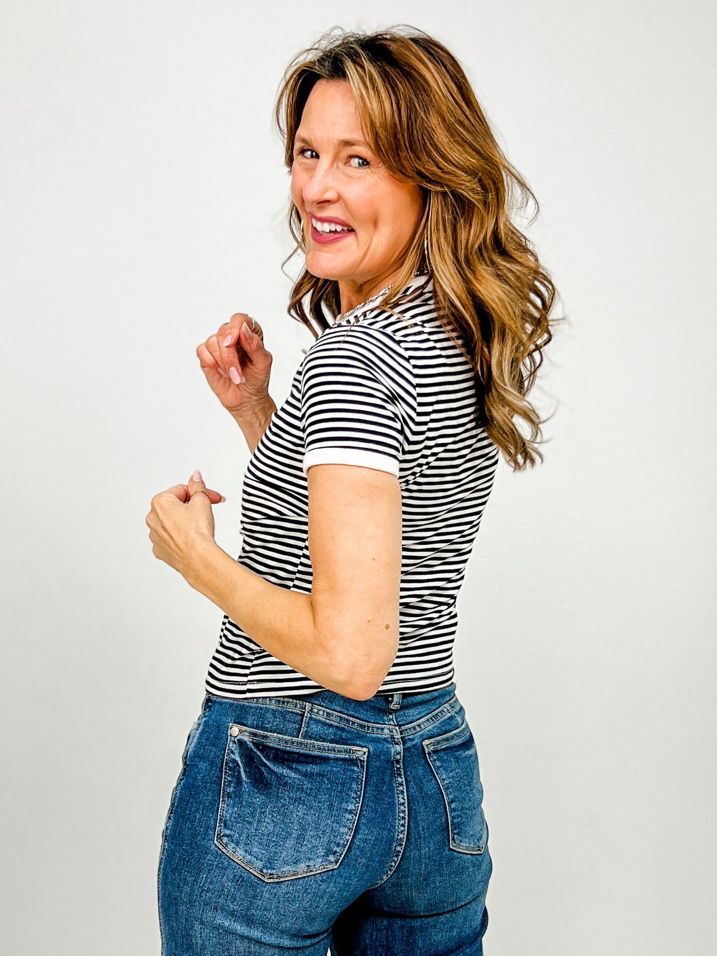 Short Sleeve Striped Contrast Trim Tee - GRP A