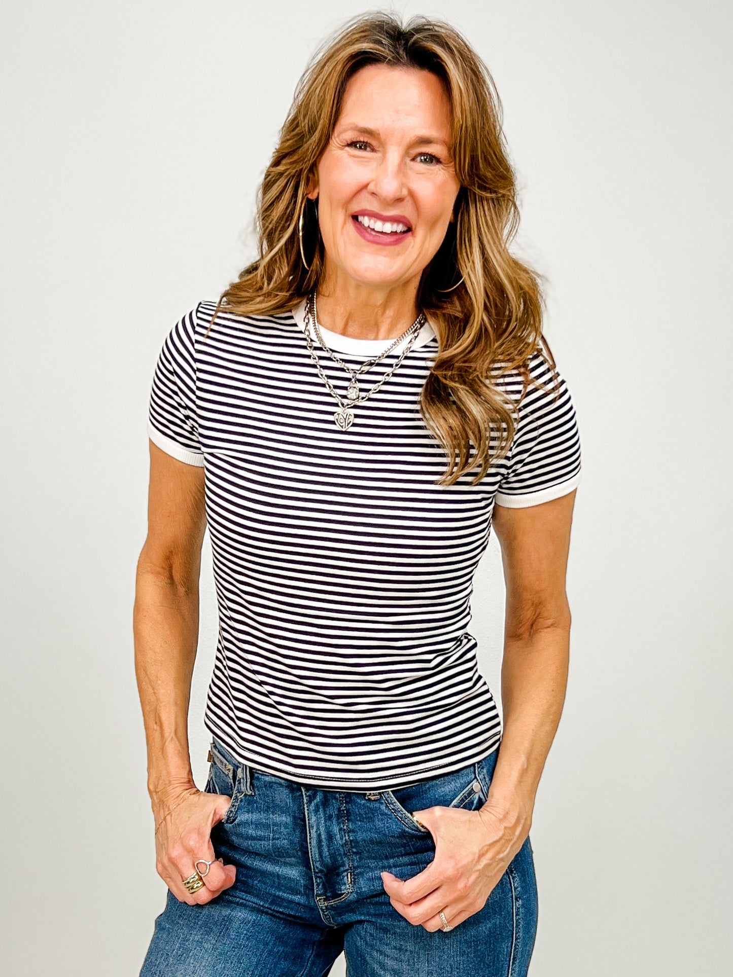 Short Sleeve Striped Contrast Trim Tee - GRP A