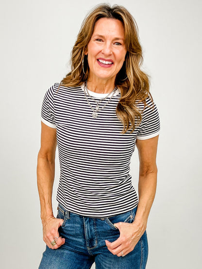 Short Sleeve Striped Contrast Trim Tee - GRP A