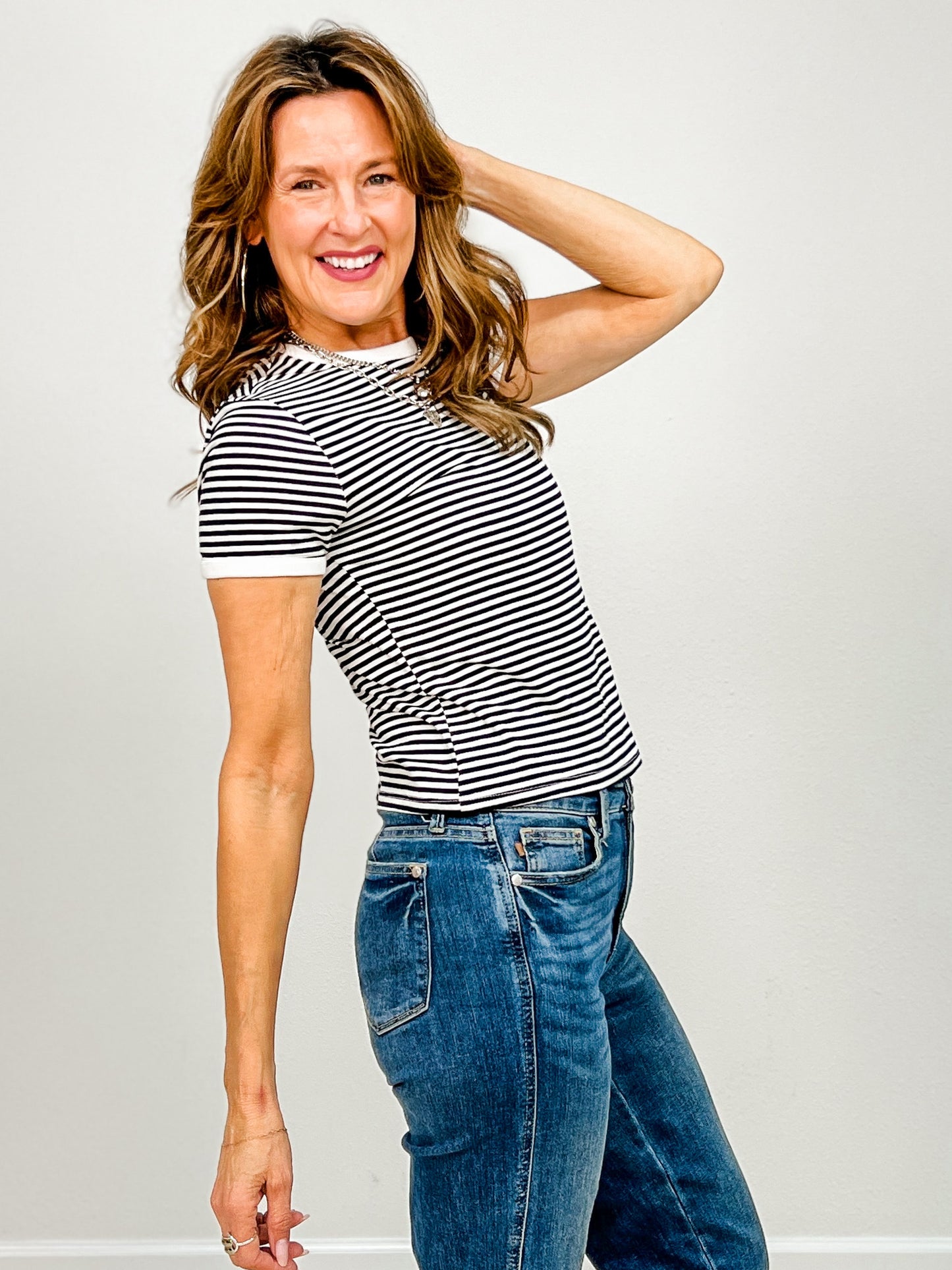 Short Sleeve Striped Contrast Trim Tee - GRP A