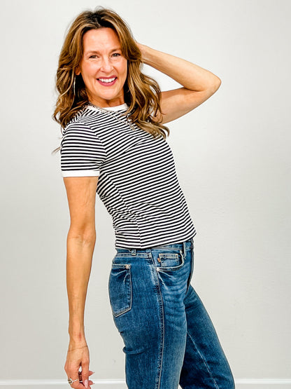 Short Sleeve Striped Contrast Trim Tee - GRP A