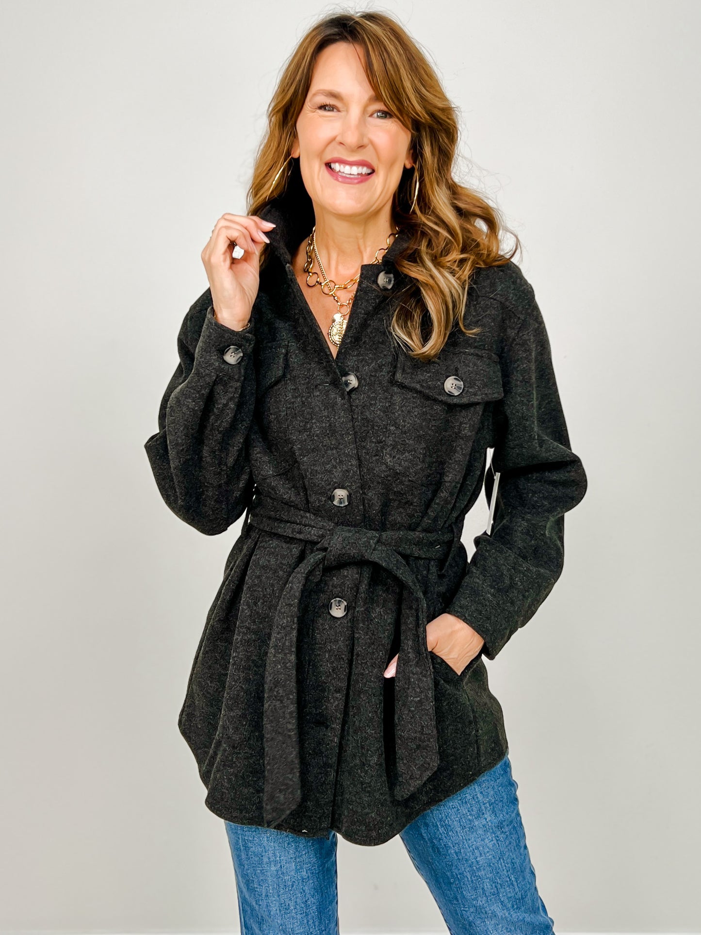 Button Down Wool Like Belted Shacket