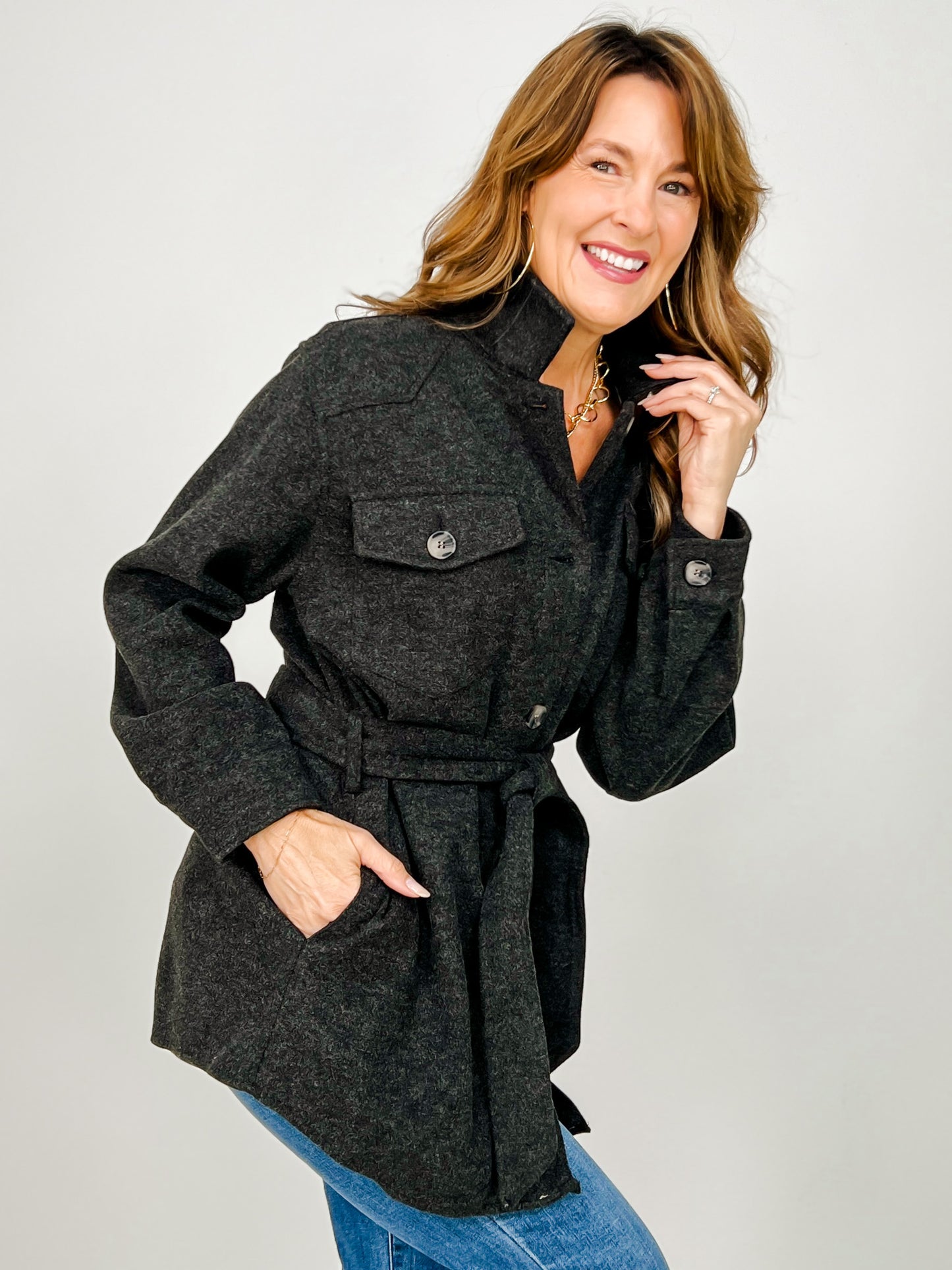 Button Down Wool Like Belted Shacket