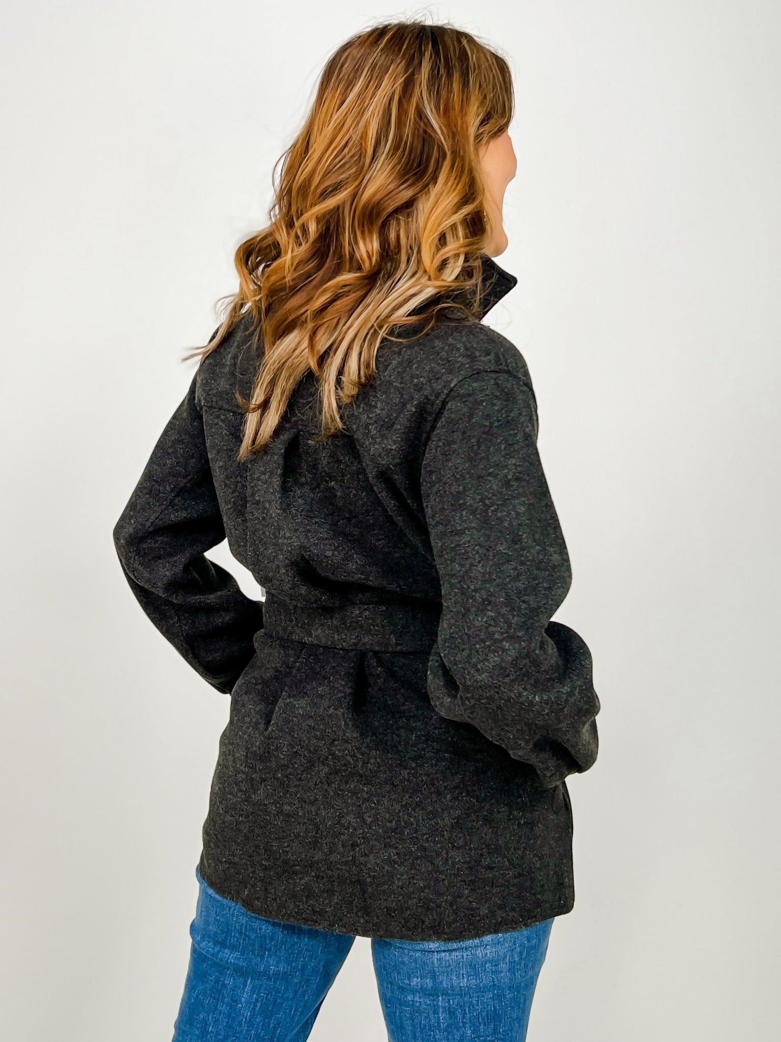 Button Down Wool Like Belted Shacket