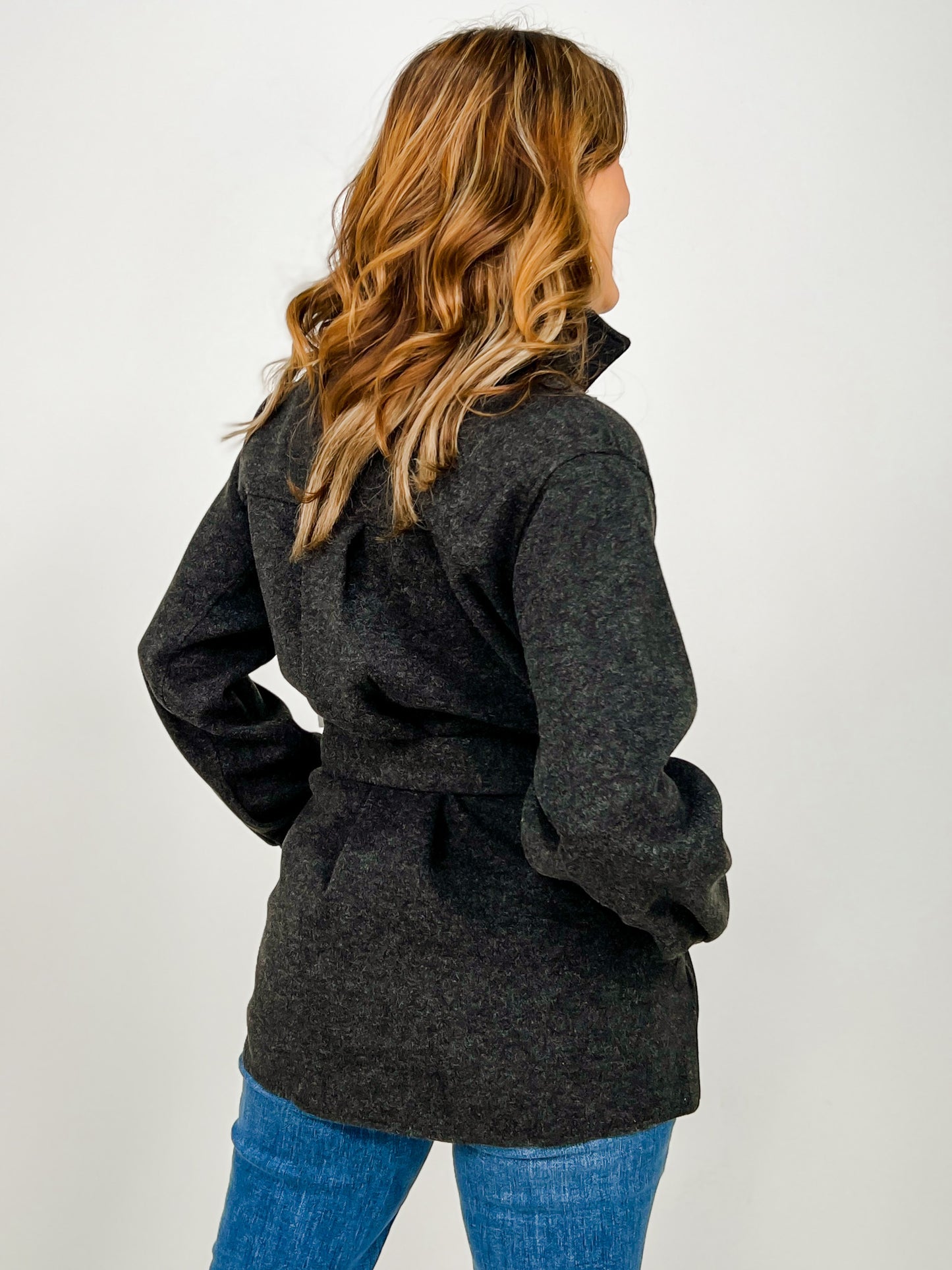 Button Down Wool Like Belted Shacket