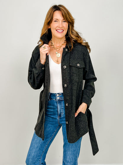Button Down Wool Like Belted Shacket